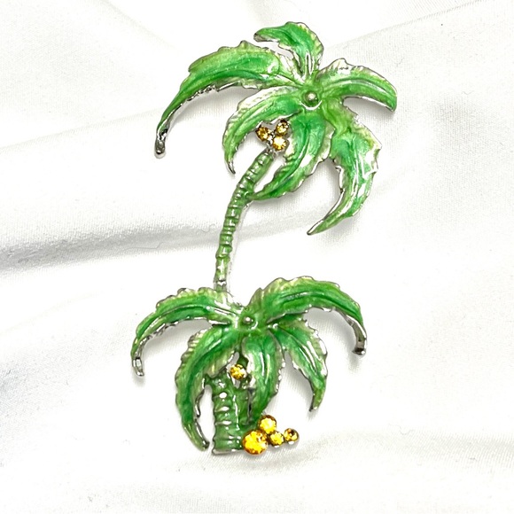 Palm Tree Brooch, NIP,  Green w/ amber rhinestones, 3” x 1.5”, great gift - Picture 1 of 6